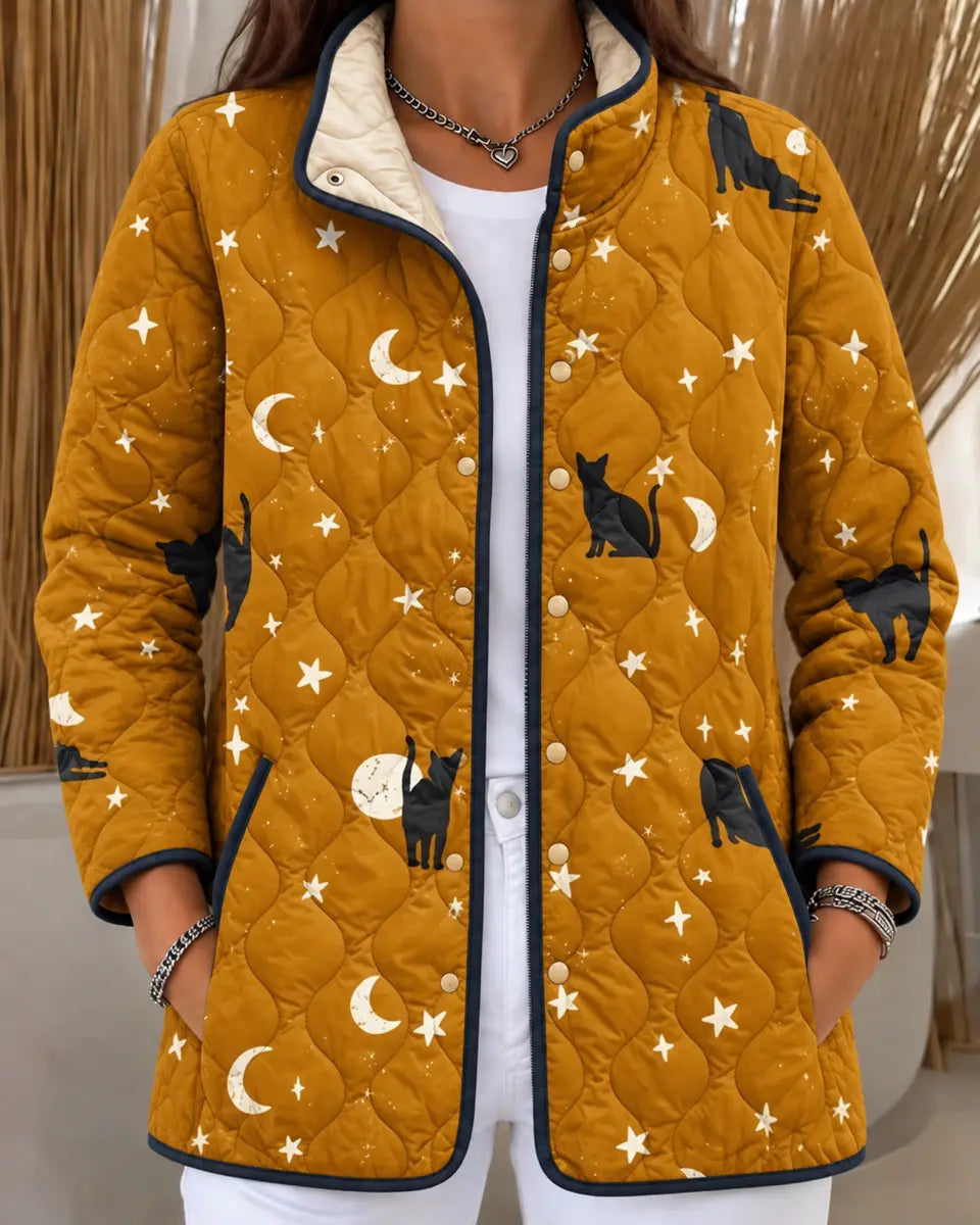 Mustard Quilted Jacket with Cats and Moons