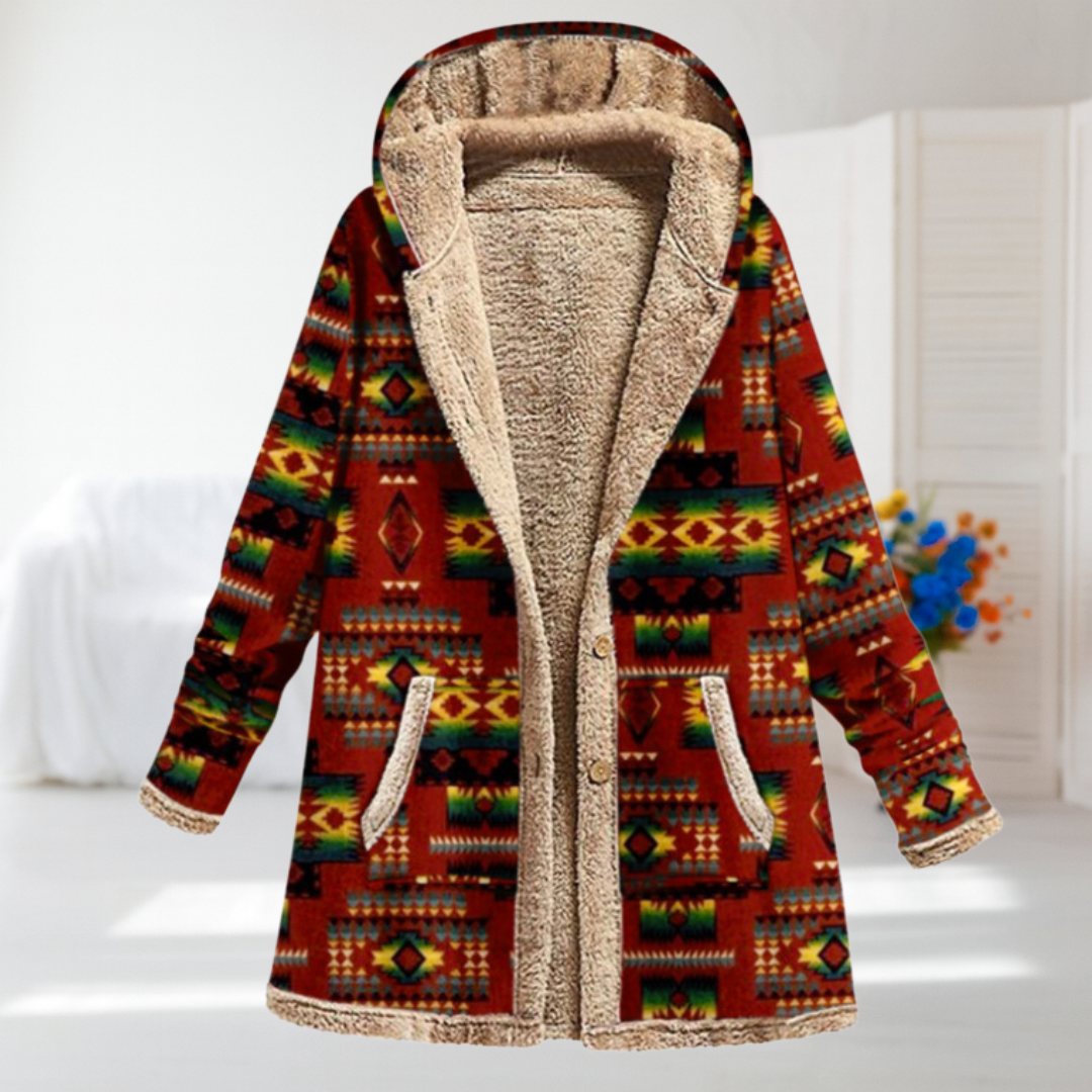 Women's Red Patterned Hooded Fleece Jacket, photo 2