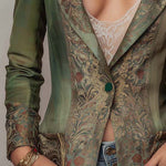 Vintage Floral Tapestry Contrast Lapel Cuff Single Button Fitted Olive Green Blazer