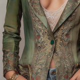 Vintage Floral Tapestry Contrast Lapel Cuff Single Button Fitted Olive Green Blazer
