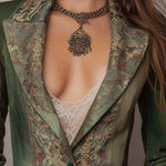 Vintage Floral Tapestry Contrast Lapel Cuff Single Button Fitted Olive Green Blazer