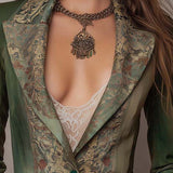 Vintage Floral Tapestry Contrast Lapel Cuff Single Button Fitted Olive Green Blazer