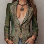 Vintage Floral Tapestry Contrast Lapel Cuff Single Button Fitted Olive Green Blazer
