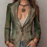 Vintage Floral Tapestry Contrast Lapel Cuff Single Button Fitted Olive Green Blazer