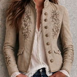 Retro Beige Stand Collar Floral Embroidery Braided Trim Jacket