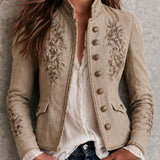 Retro Beige Stand Collar Floral Embroidery Braided Trim Jacket