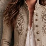 Retro Beige Stand Collar Floral Embroidery Braided Trim Jacket