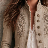 Retro Beige Stand Collar Floral Embroidery Braided Trim Jacket