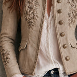 Retro Beige Stand Collar Floral Embroidery Braided Trim Jacket