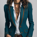 Retro Herringbone Tweed Fitted Blazer with Contrast Trim