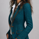 Retro Herringbone Tweed Fitted Blazer with Contrast Trim
