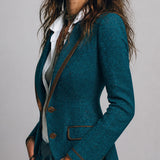 Retro Herringbone Tweed Fitted Blazer with Contrast Trim