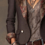 Vintage Herringbone with Floral Print Lapel Blazer