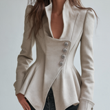 Refined Ivory Asymmetric Button Peplum Blazer