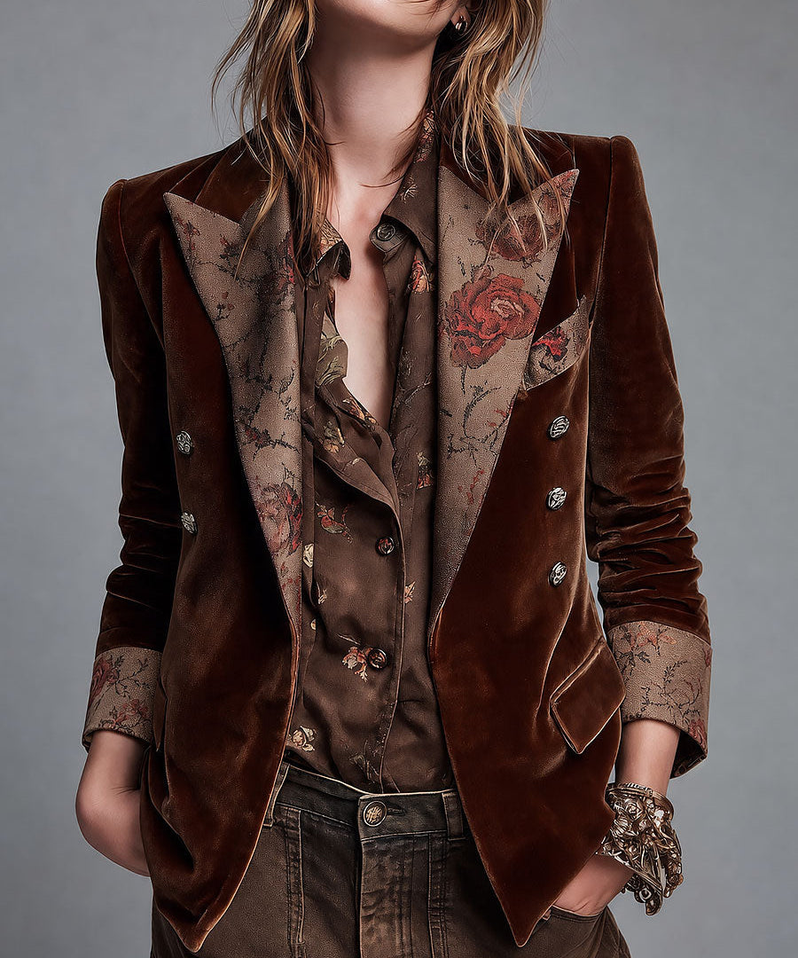 Rosalie | Brown Floral Double-Breasted Blazer