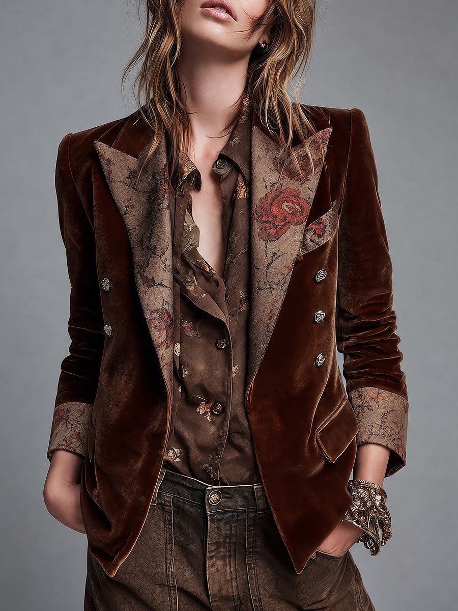 Rosalie | Brown Floral Double-Breasted Blazer