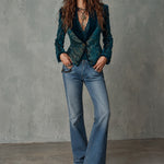 Retro Teal and Gold Ornate Pattern Blazer with Shawl Lapels