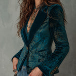 Retro Teal and Gold Ornate Pattern Blazer with Shawl Lapels