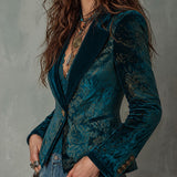 Retro Teal and Gold Ornate Pattern Blazer with Shawl Lapels