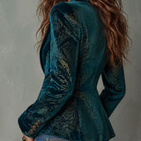 Retro Teal and Gold Ornate Pattern Blazer with Shawl Lapels