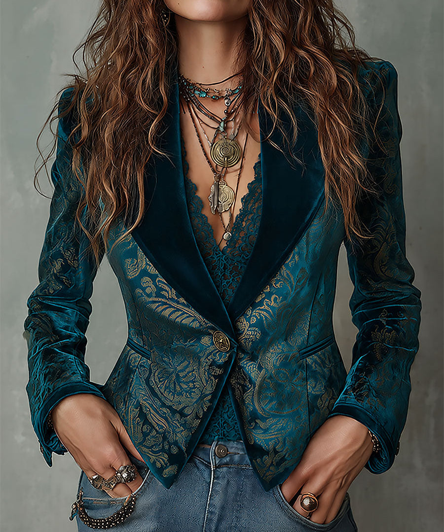 Retro Teal and Gold Ornate Pattern Blazer with Shawl Lapels