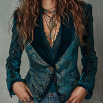Retro Teal and Gold Ornate Pattern Blazer with Shawl Lapels