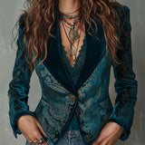 Retro Teal and Gold Ornate Pattern Blazer with Shawl Lapels