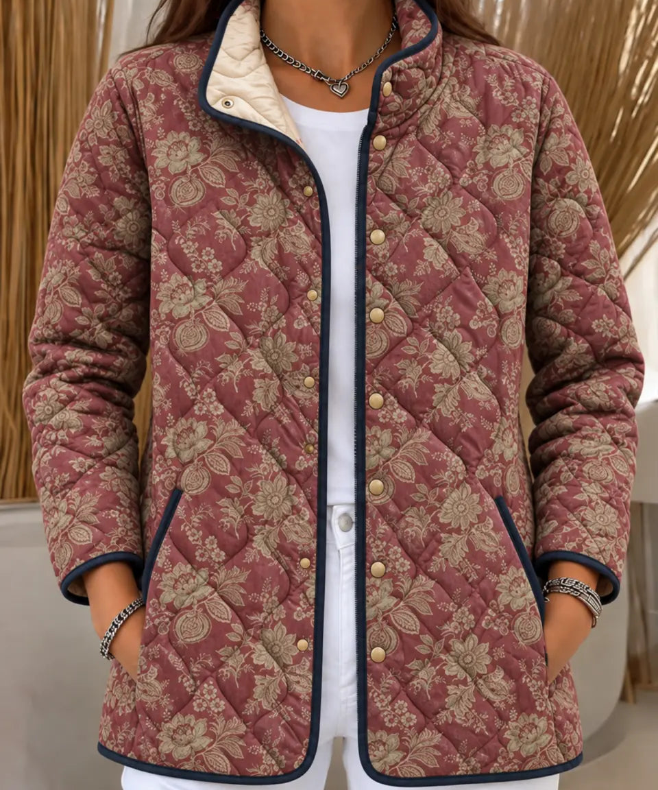 Burgundy Botanical-Print Quilted Jacket