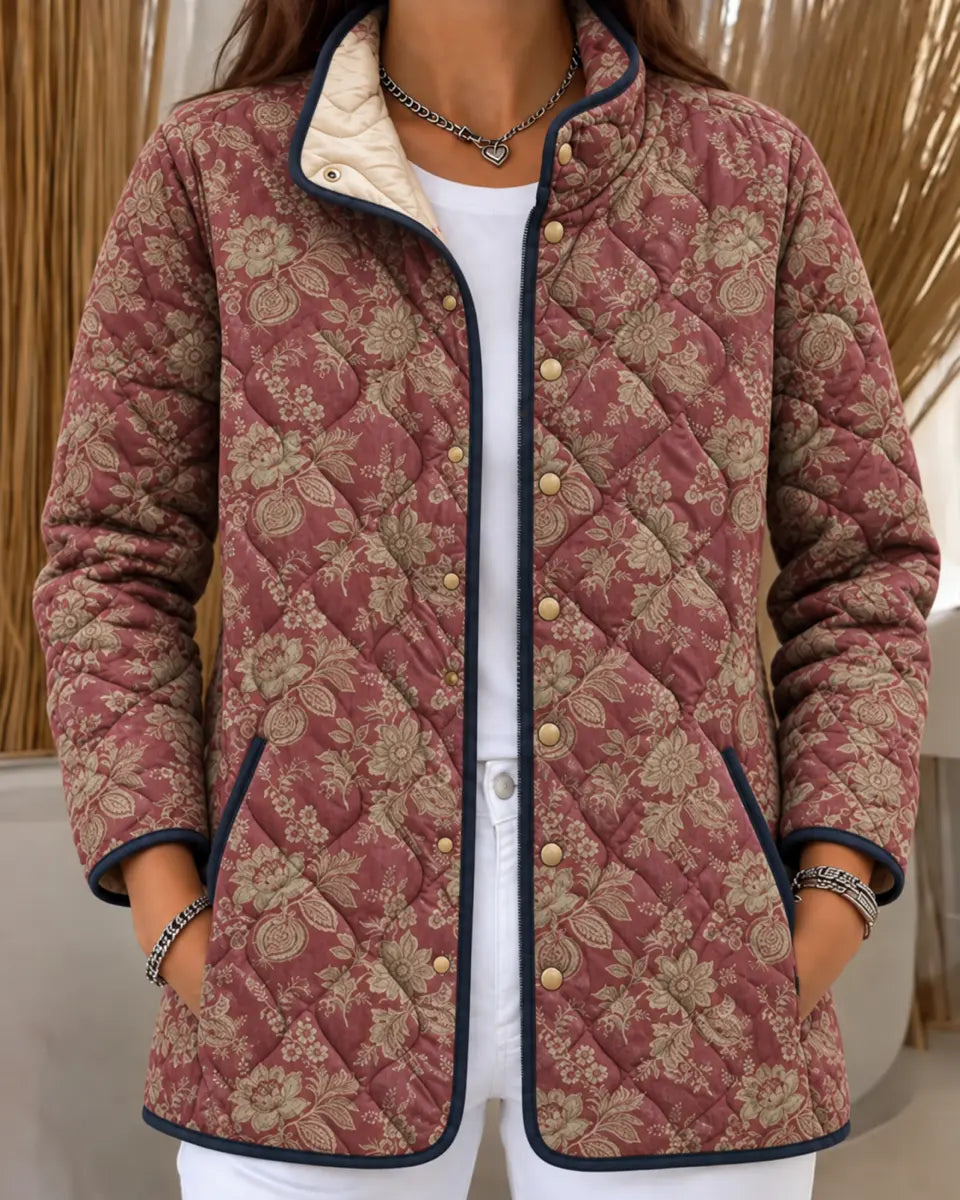 Burgundy Botanical-Print Quilted Jacket
