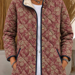 Burgundy Botanical-Print Quilted Jacket