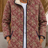 Burgundy Botanical-Print Quilted Jacket
