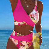 Women's Floral Contrast Split Bikini in Purple