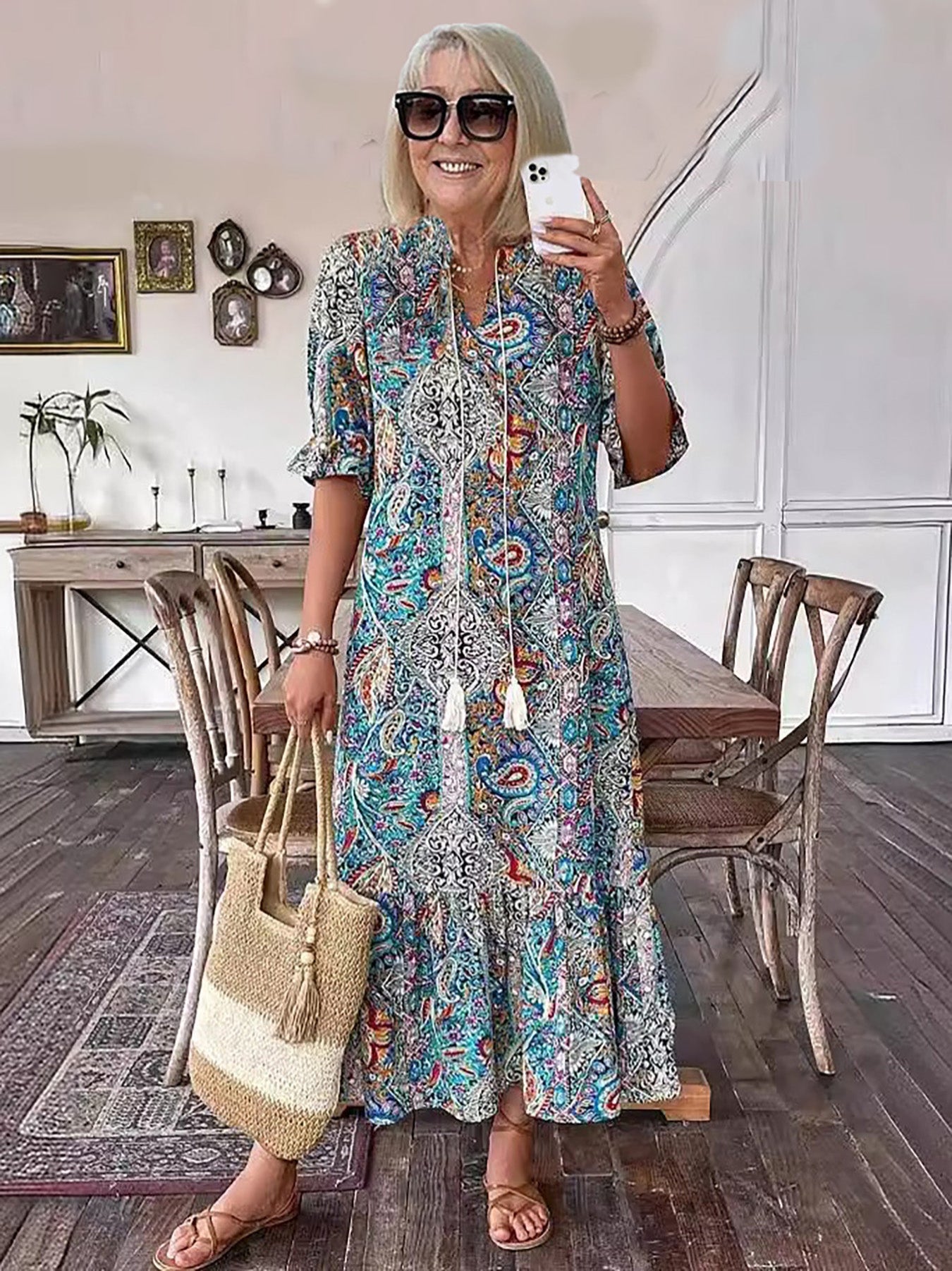 Women's Boho Grace Midi Dress in Blue