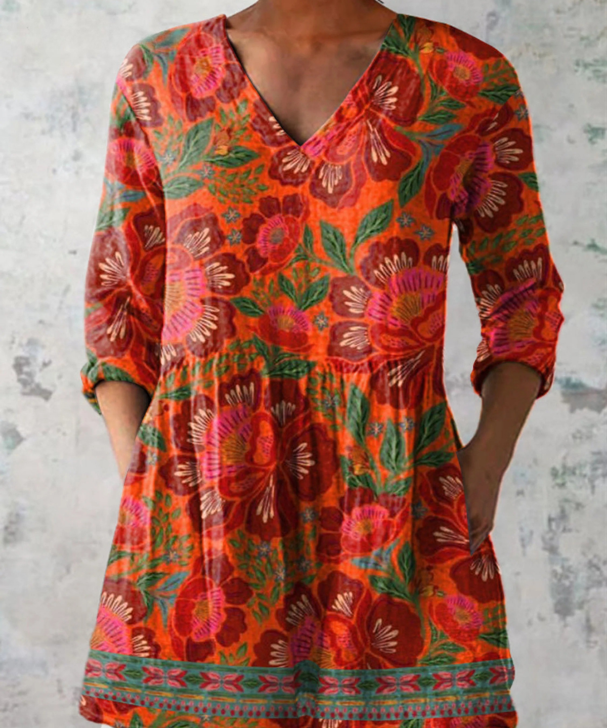 Marion Long Blouse with V-Neck in Red Orange