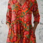 Marion Long Blouse with V-Neck in Red Orange
