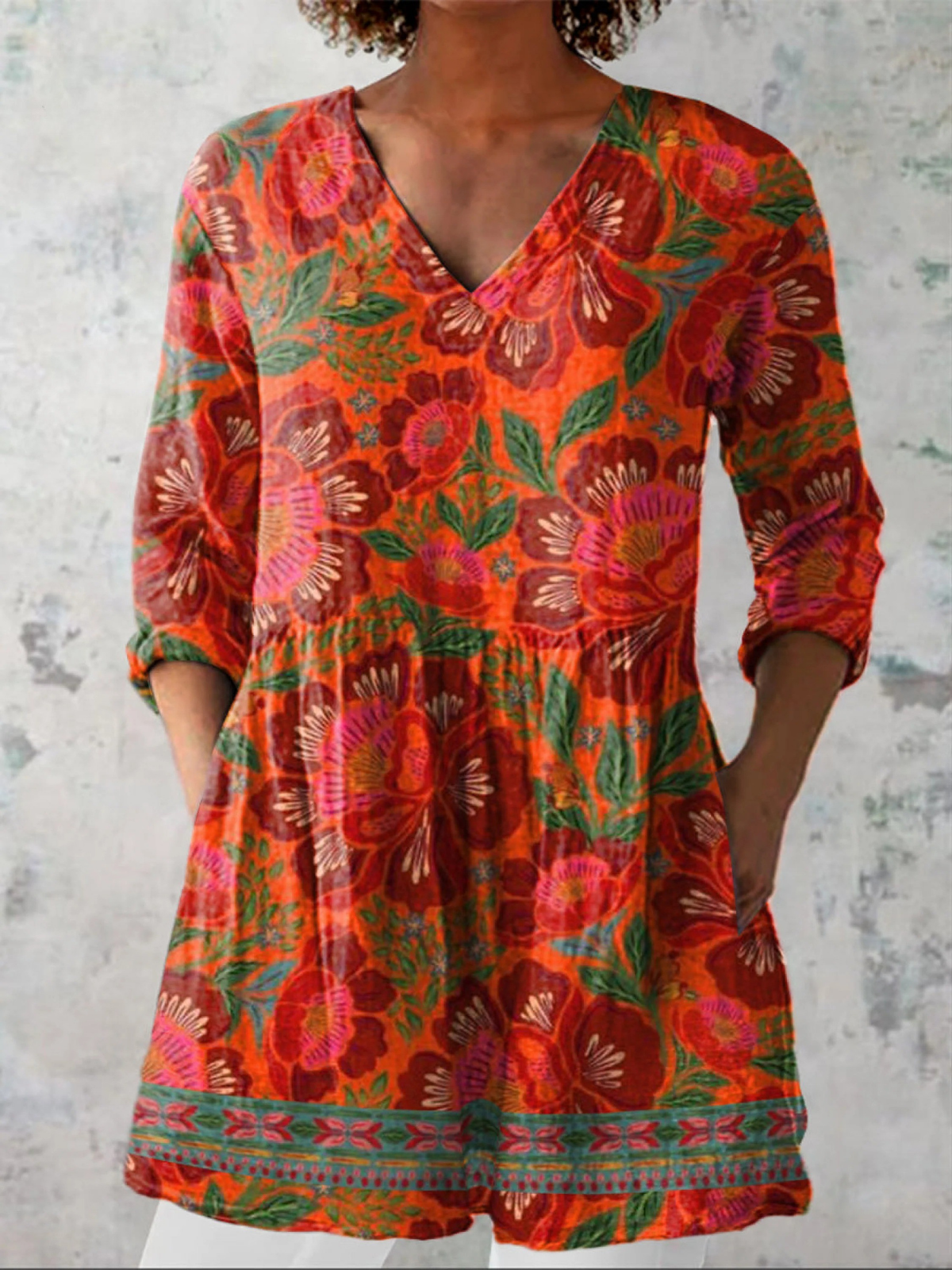 Marion Long Blouse with V-Neck in Red Orange