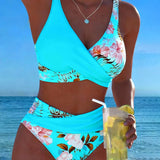 Women's Floral Wrap Bikini Set in Sky Blue