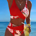 Women's Floral Contrast Split Bikini in Red