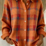 Women's Plaid Button-Up Knit Cardigan in Orange