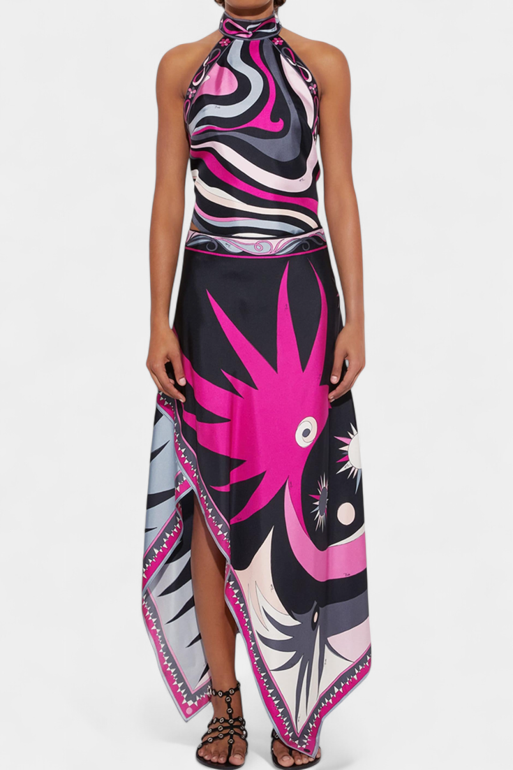 Abstract Halter Top & A-Line Skirt Set in Purple