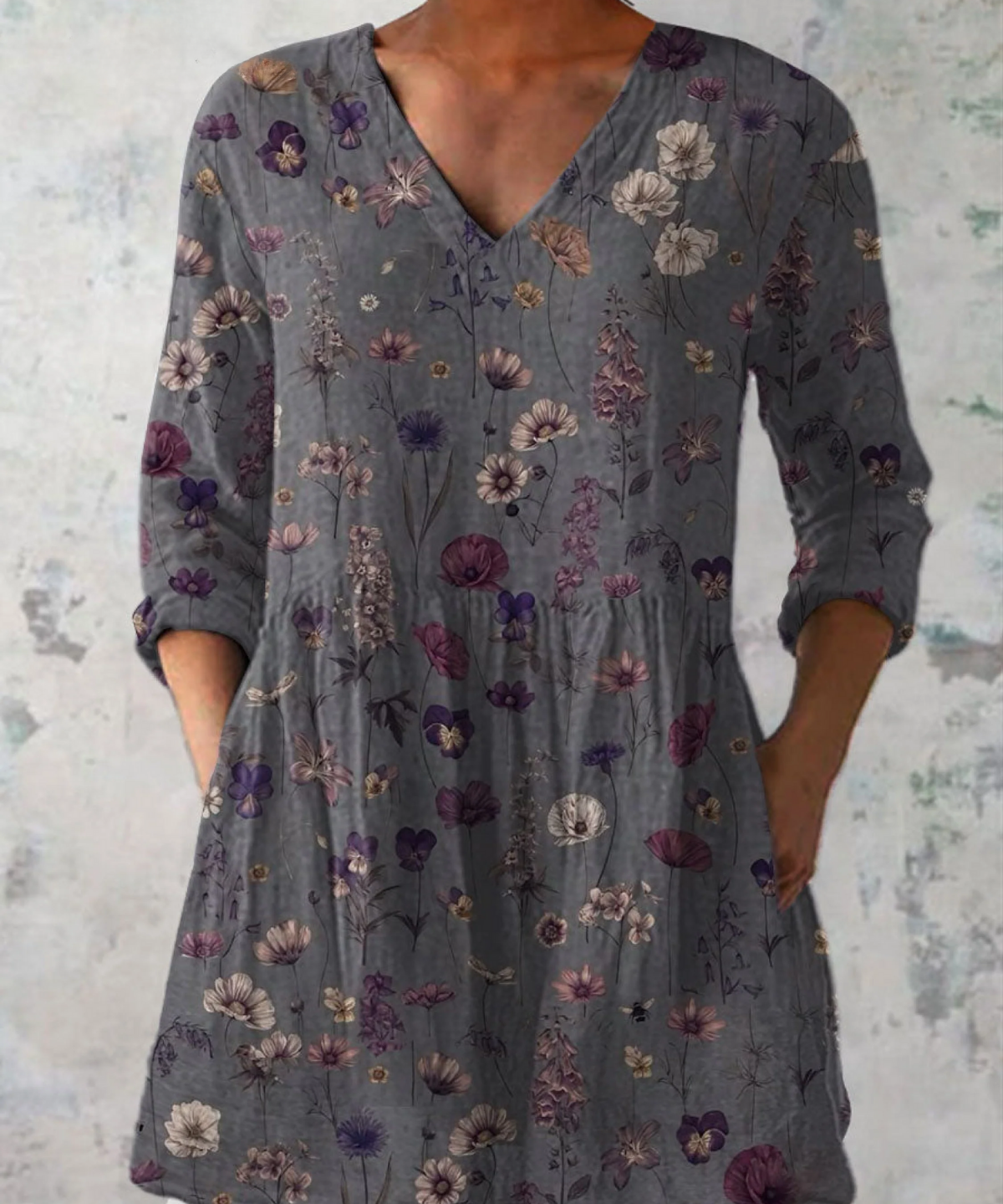 Women's Long Sleeve Blouse with V-Neck in Gray