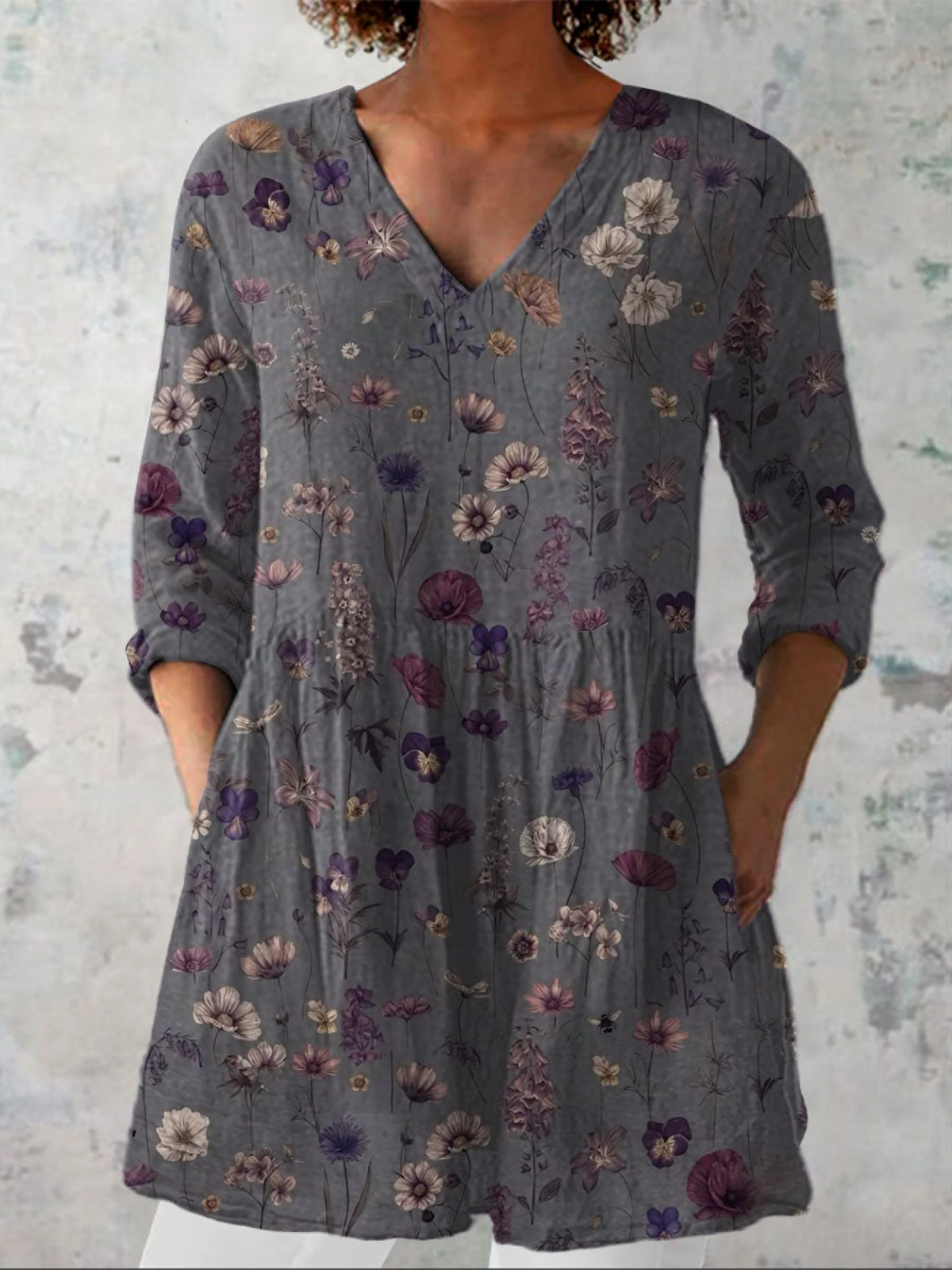 Women's Long Sleeve Blouse with V-Neck in Gray