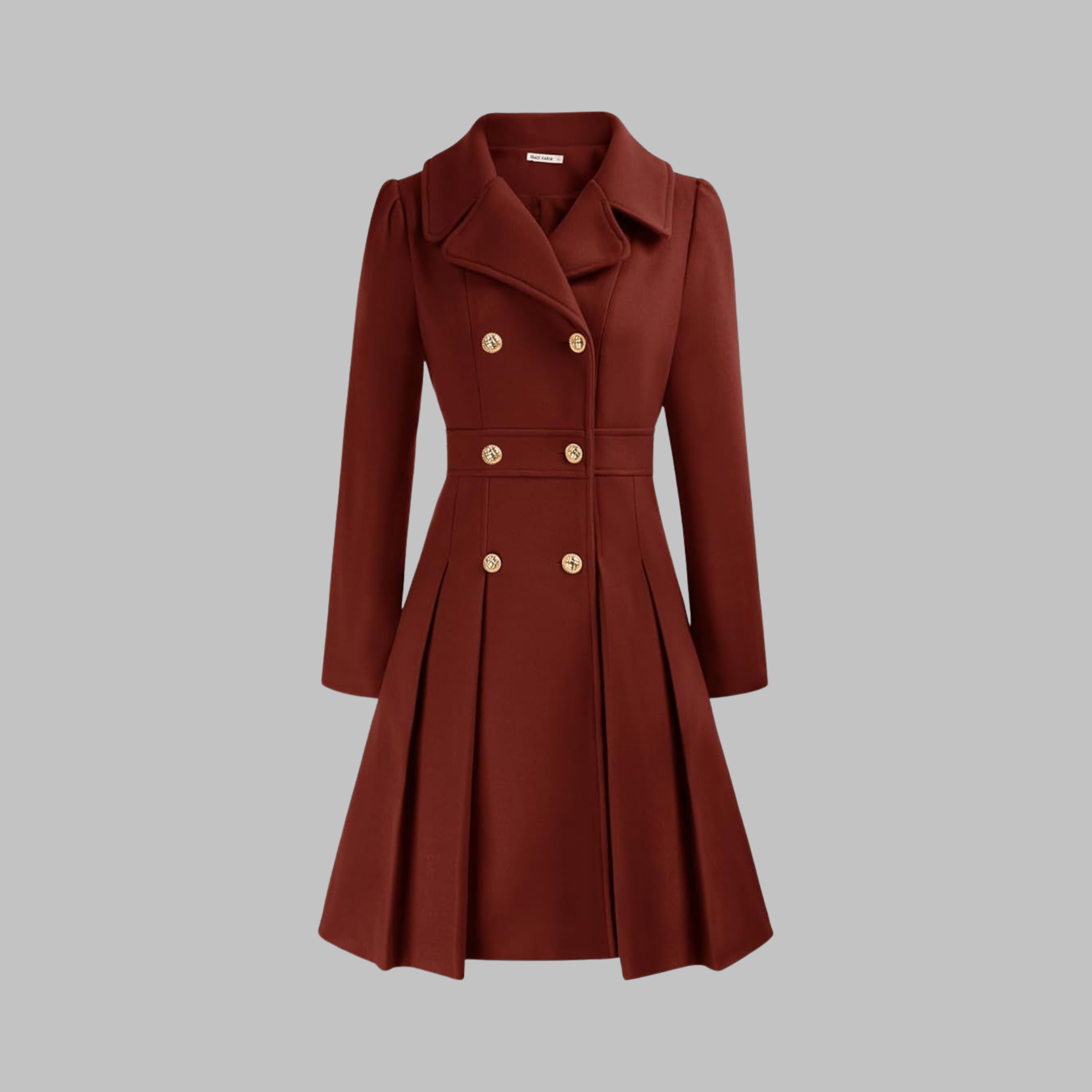Elegant Double-Breasted Long-Sleeve Coat in Burgundy