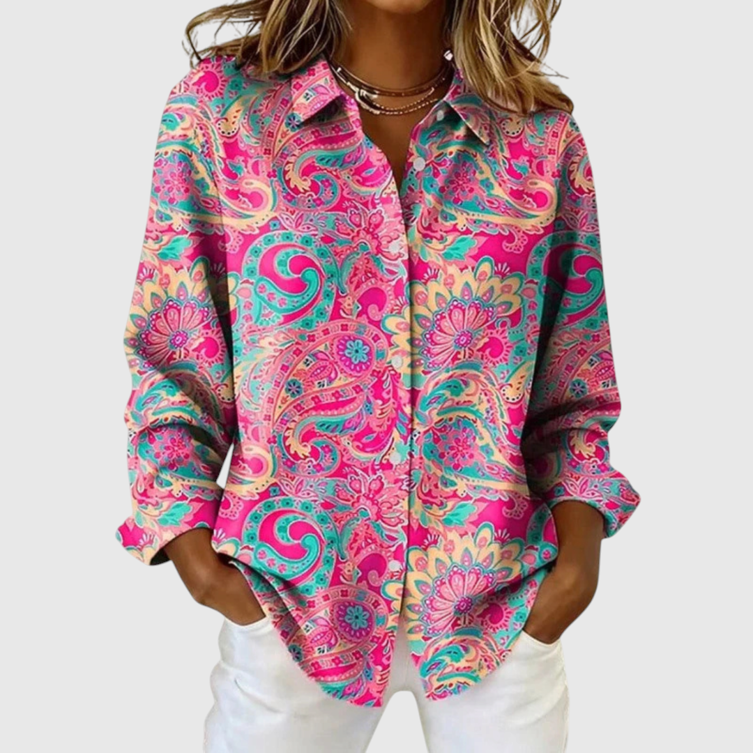 Women's Pink Paisley Print Button-Up Blouse