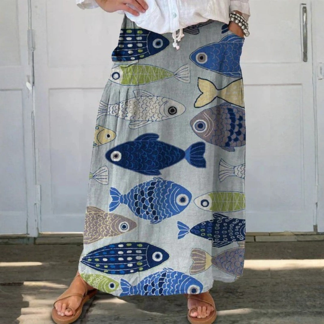 Vintage Fish Art Print Linen Pocket Skirt