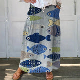 Vintage Fish Art Print Linen Pocket Skirt