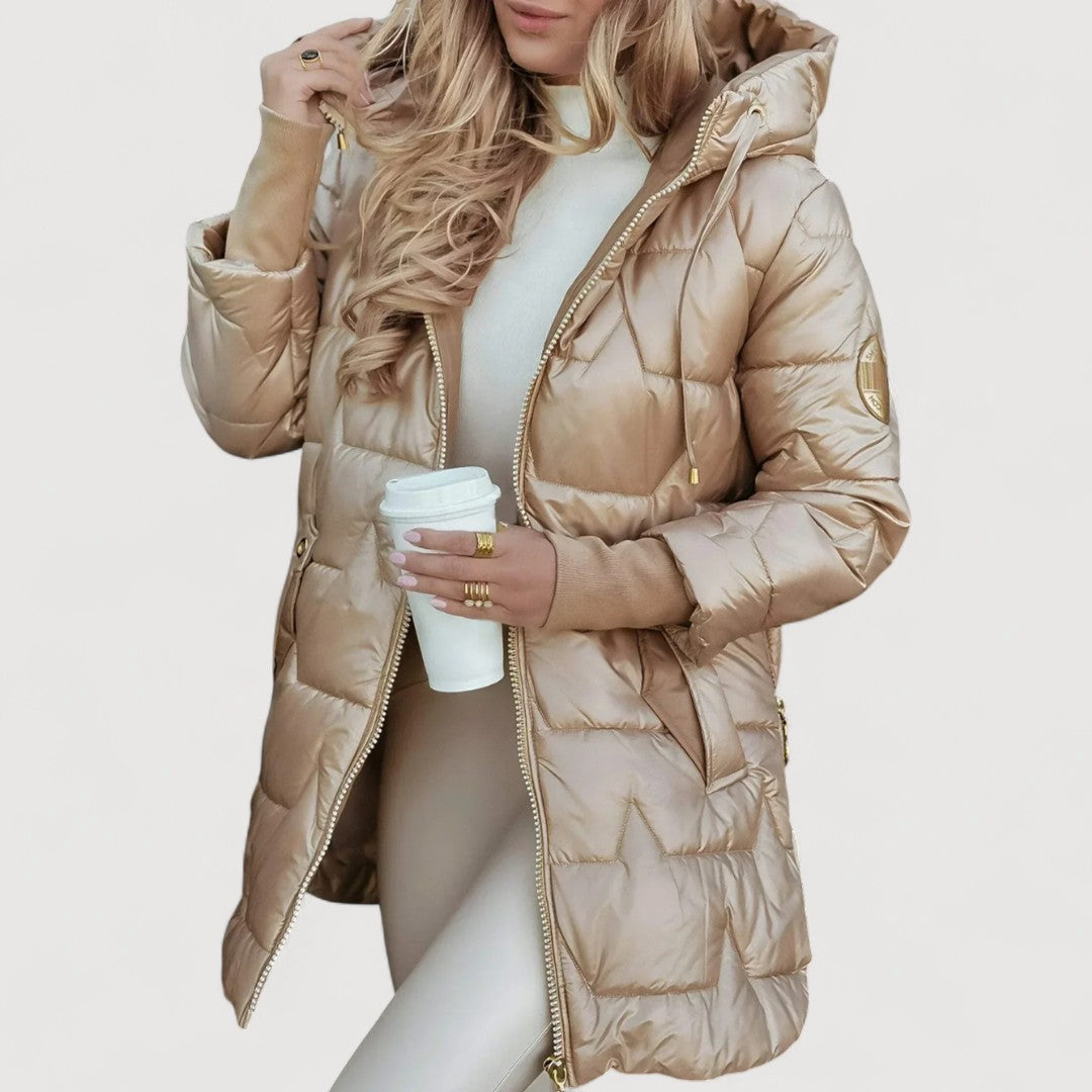 Women's Hooded Quilted Long Coat in Beige