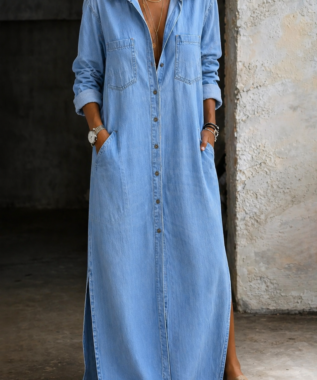 Women's Button-Front Denim Dress in Blue