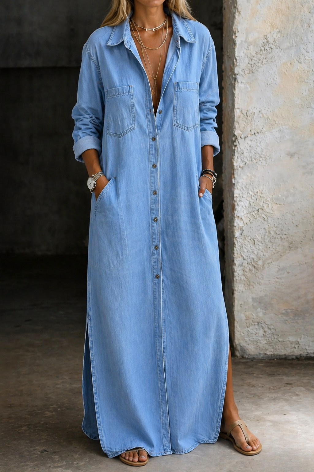 Women's Button-Front Denim Dress in Blue
