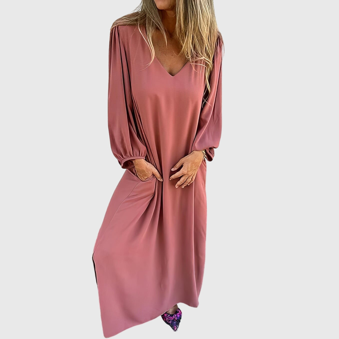 Women's Long Boho Dress with Pockets in Pink